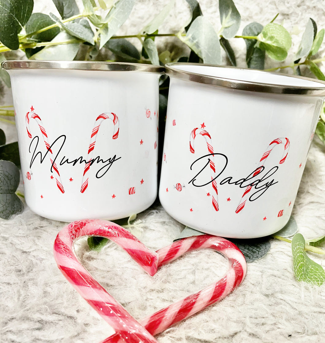 Personalised Candy Cane Enamel Mug
