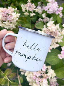 Hello Pumpkin White Spot Enamel Mug